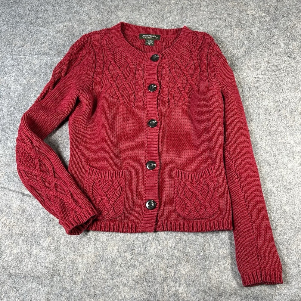Vintage Eddie Bauer Sweater Womens Meduim Petite Cardigan Cable‎ Knit Red Button